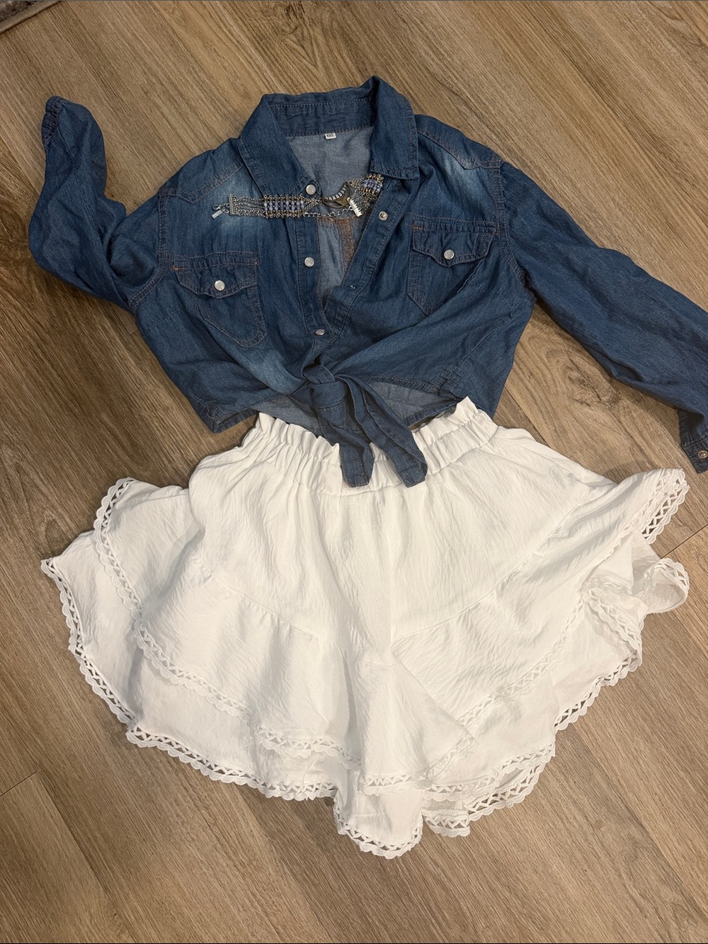 Set- White Tiered Ruffle Women's Skirt, denim top and necklace